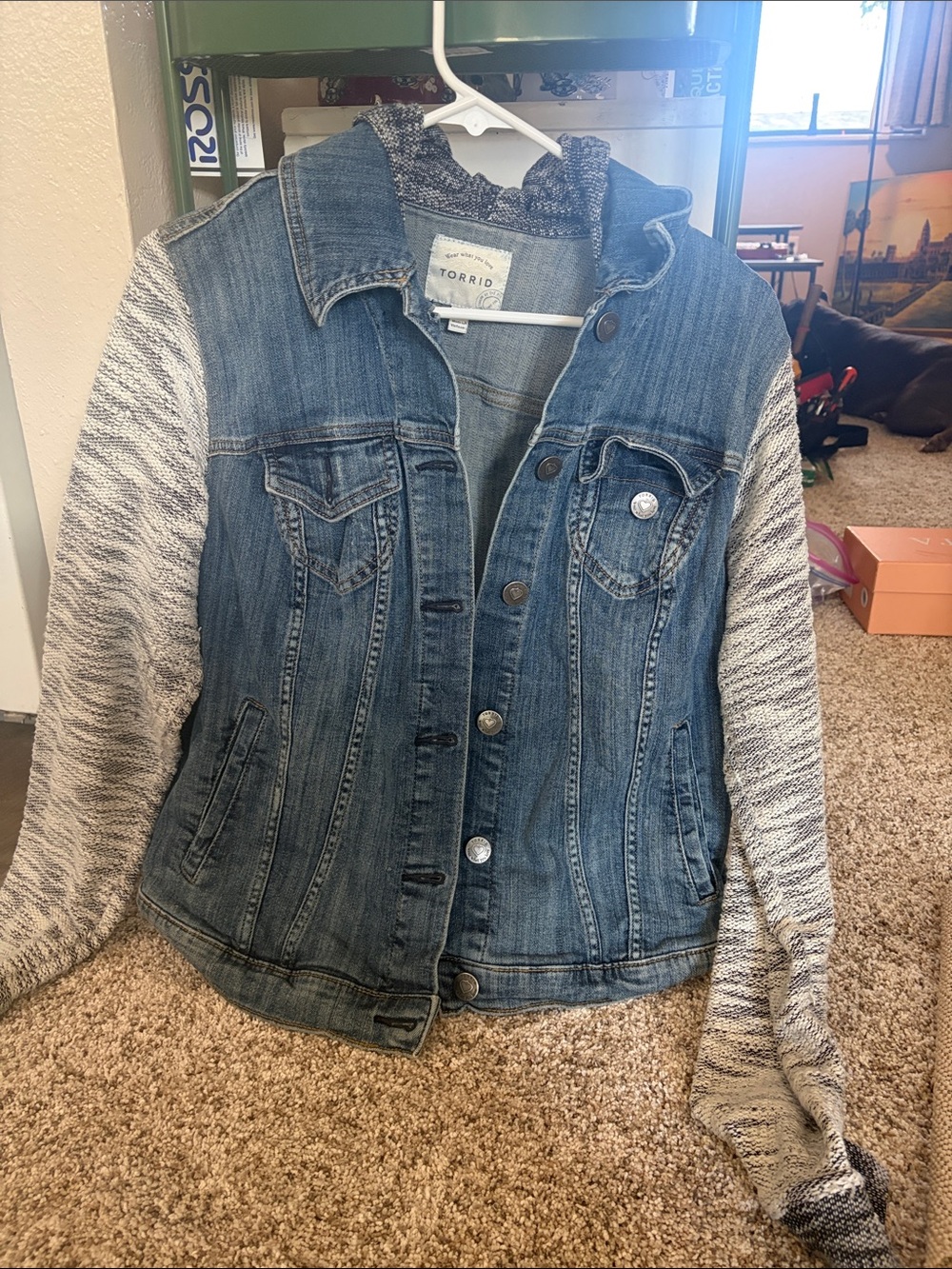 torrid Blue Denim Jacket with Gray Marled Knit Hood & Sleeves, XL/0